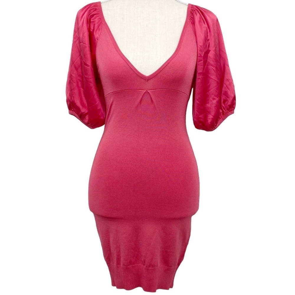 Bebe Pink Bodycon Mini Dress Y2K Plunge Neckline Blouson Puff Silky Sleeve Sz XS